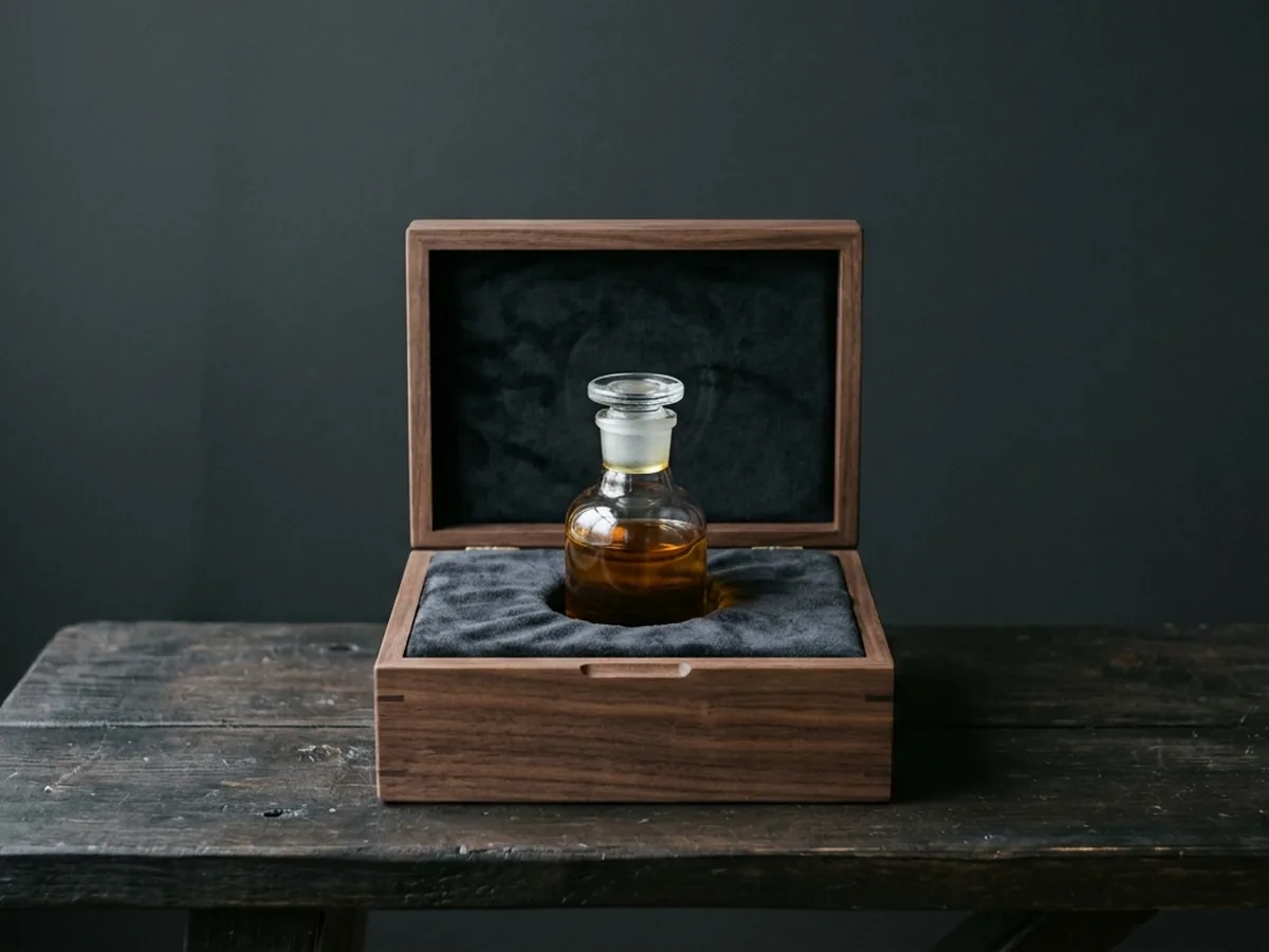An open wooden box lined dark, one glass flask of amber oud oil seated in the fitted well, on a dark timber surface