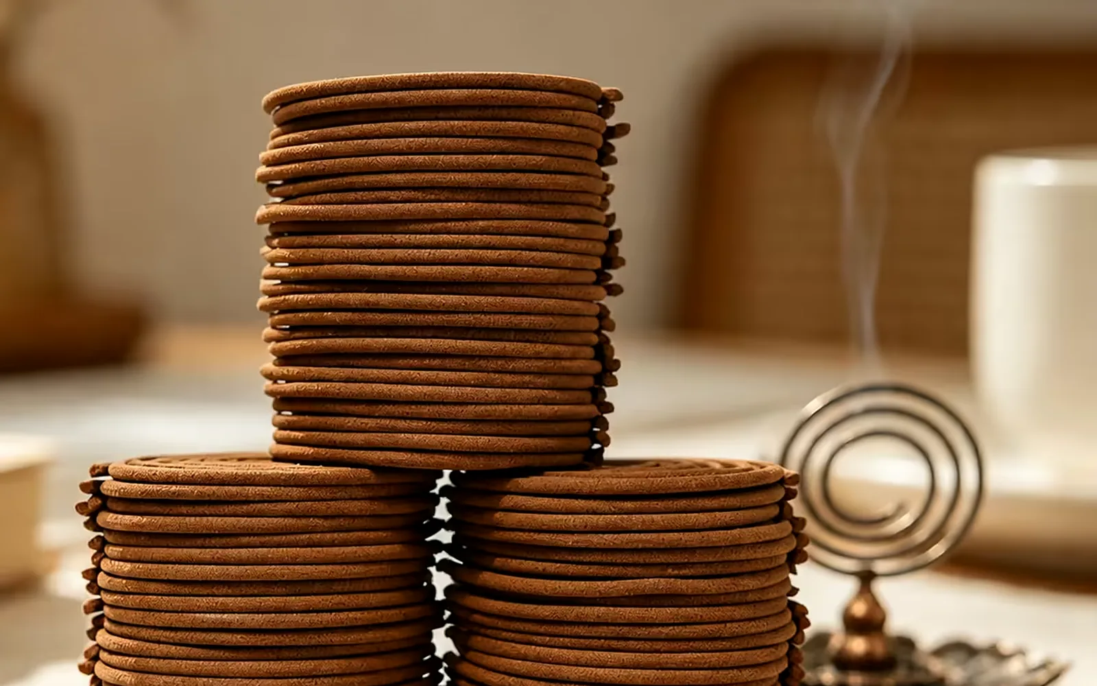 Stacked agarwood incense coils with one burning on a stand, wholesale