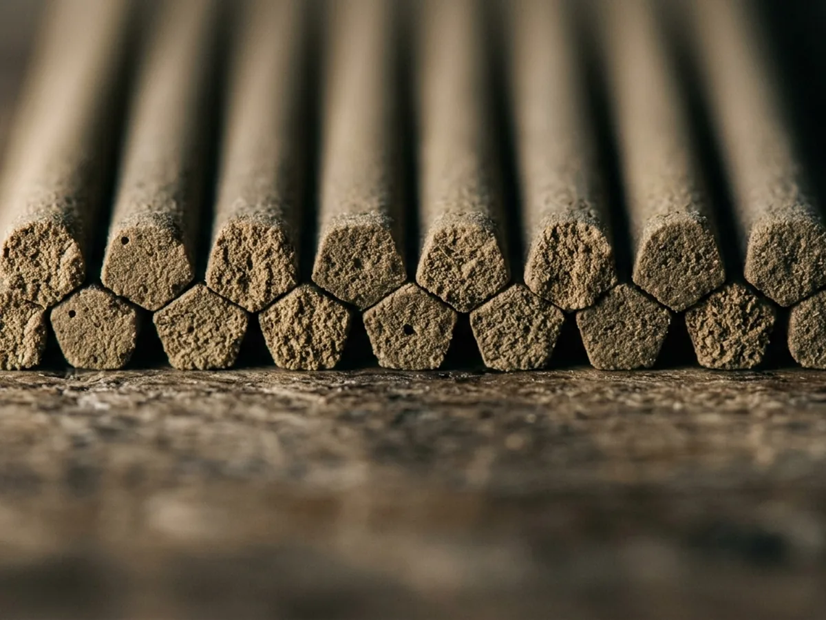 Cut tips of koh-grade incense sticks aligned side by side, every tip the same diameter and cleanly squared off