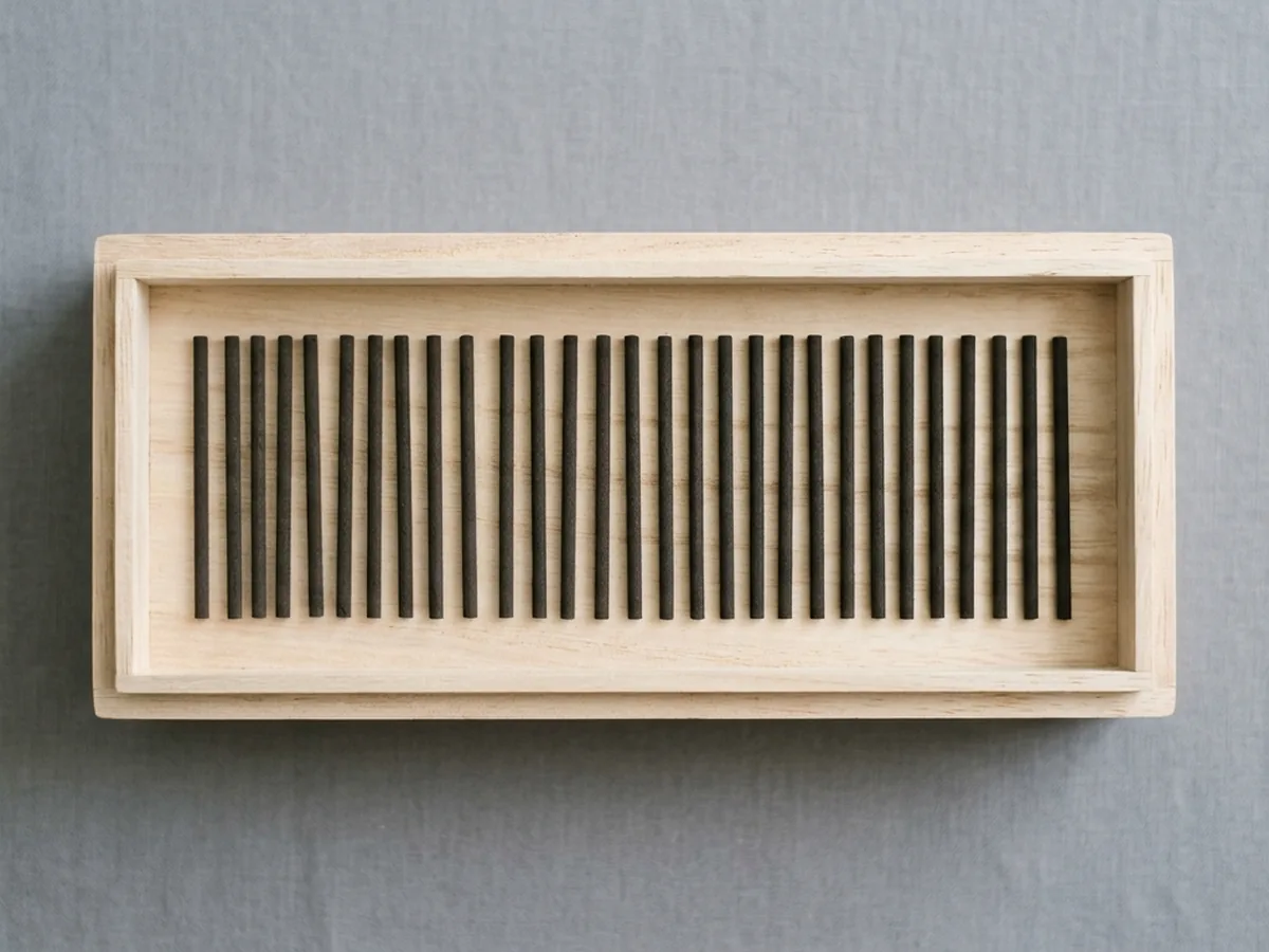 Short dark koh-grade incense sticks laid parallel and evenly spaced in a shallow paulownia wood box, seen from directly above