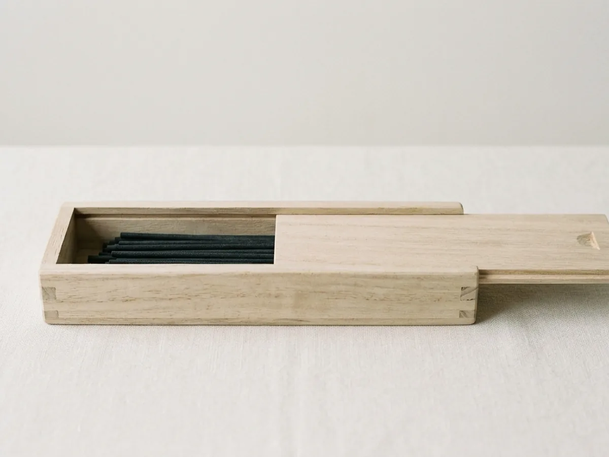 A slim paulownia wood box with the sliding lid pushed half open, short dark koh-grade incense sticks visible inside
