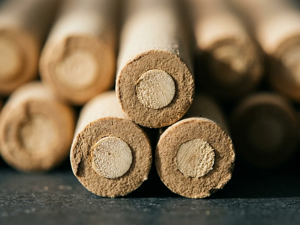 Cut ends of low-smoke incense sticks stood on end — a pale bamboo core centred inside the darker coating ring