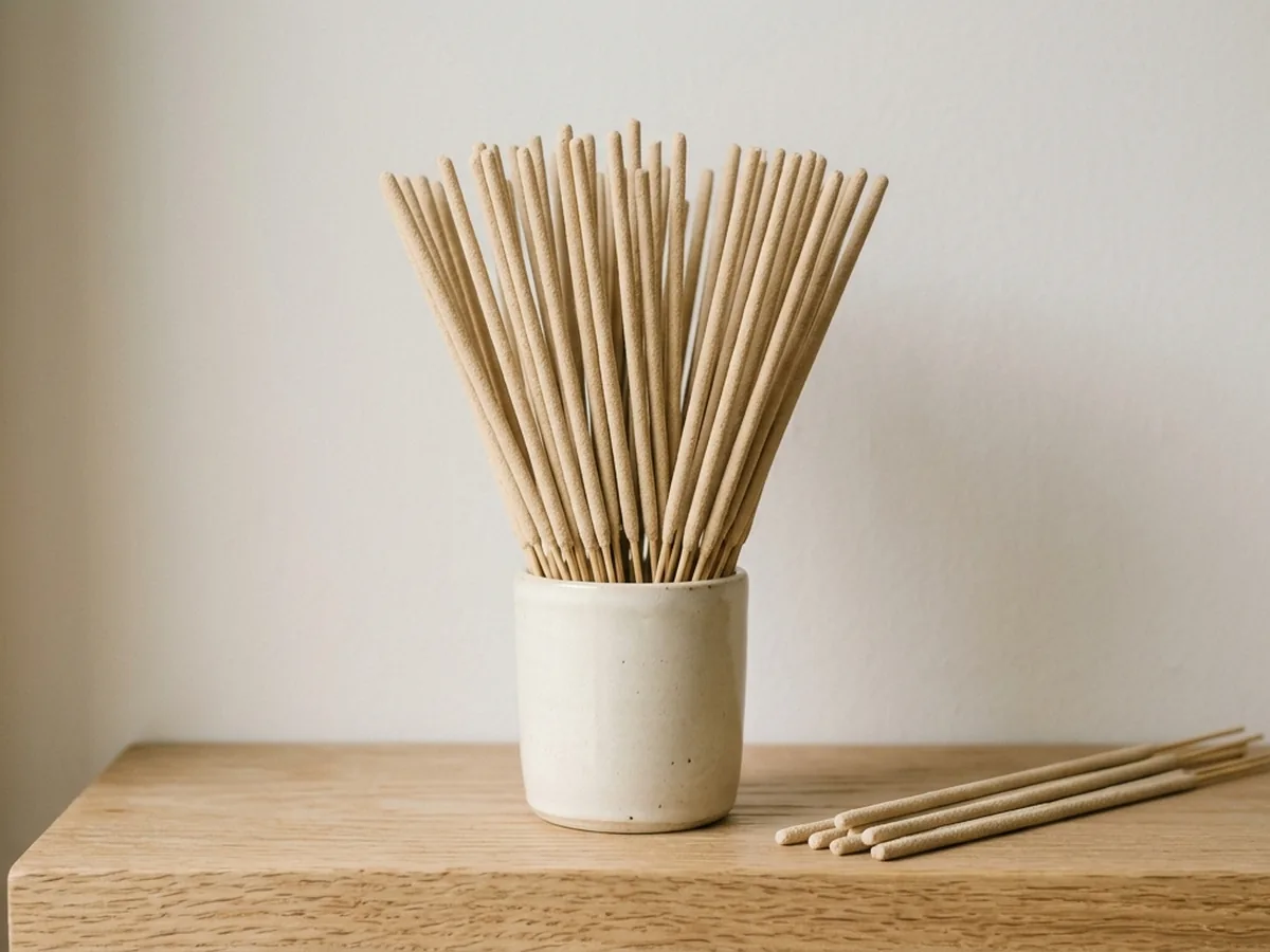 A standing bundle of pale tan low-smoke incense sticks in a plain cream ceramic cup on an oak shelf, a few loose sticks beside it