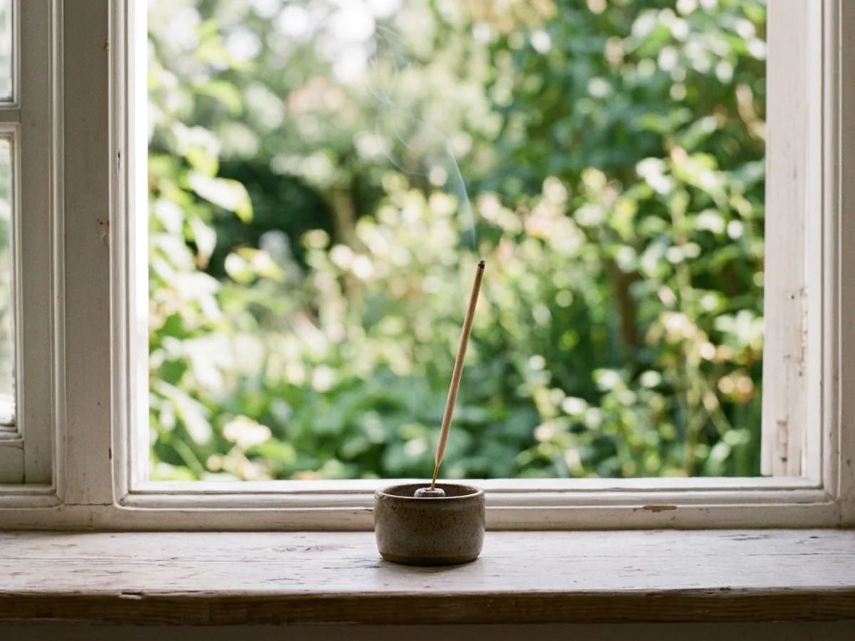One pale tan low-smoke incense stick burning on a sunlit windowsill, the smoke only a faint thin wisp