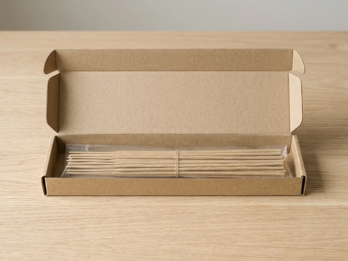 Flat kraft carton lying open on oak, pale tan low-smoke incense sticks inside a plain clear sleeve