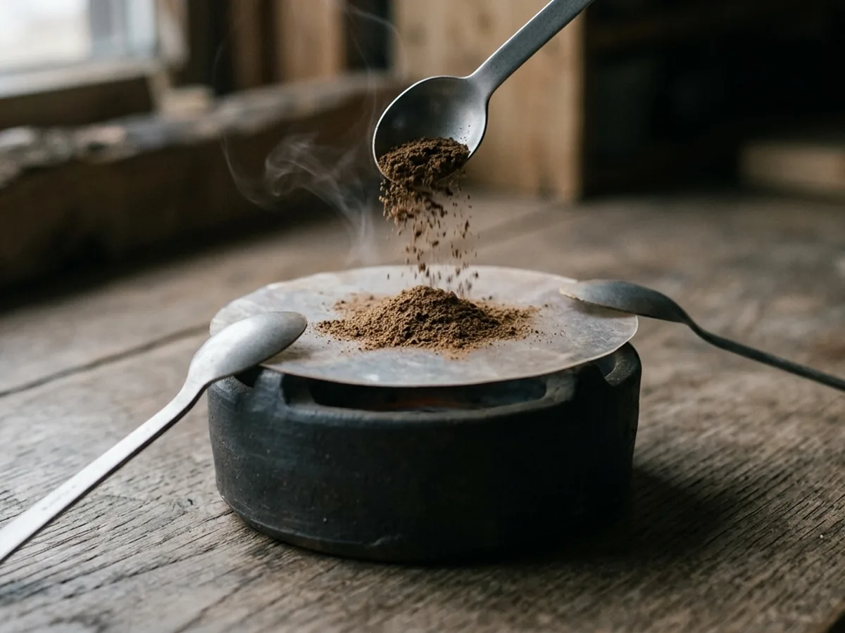 Fine agarwood powder tipped from a steel spoon onto a pale mica plate over a small heater, a faint wisp of vapour rising
