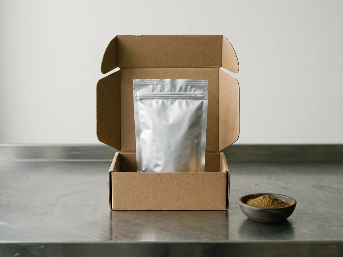 A sealed plain foil pouch standing in an open kraft box on a stainless bench, a small dish of fine brown powder beside it