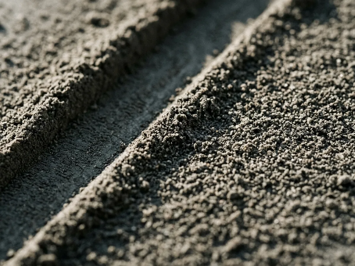 Macro of the edge of a pressed powder trail in ash, the pressed edge holding a sharp clean line with individual grains visible