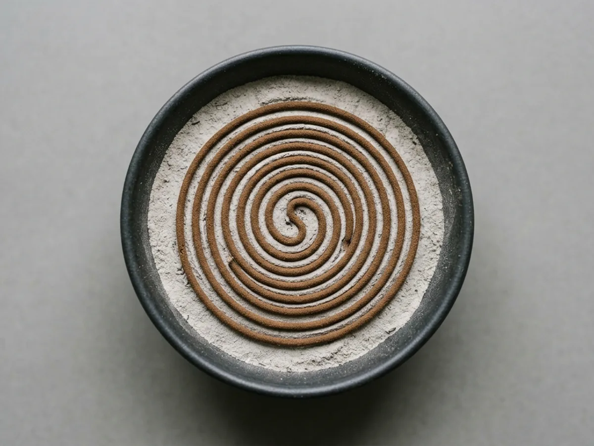 A complete unbroken spiral of fine brown seal incense powder pressed into a bed of pale ash in a shallow dark bowl, seen from above