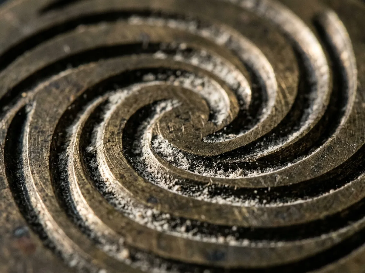Macro of the face of a brass seal press disc, the cut spiral filling the frame, fine powder still caught in the channels