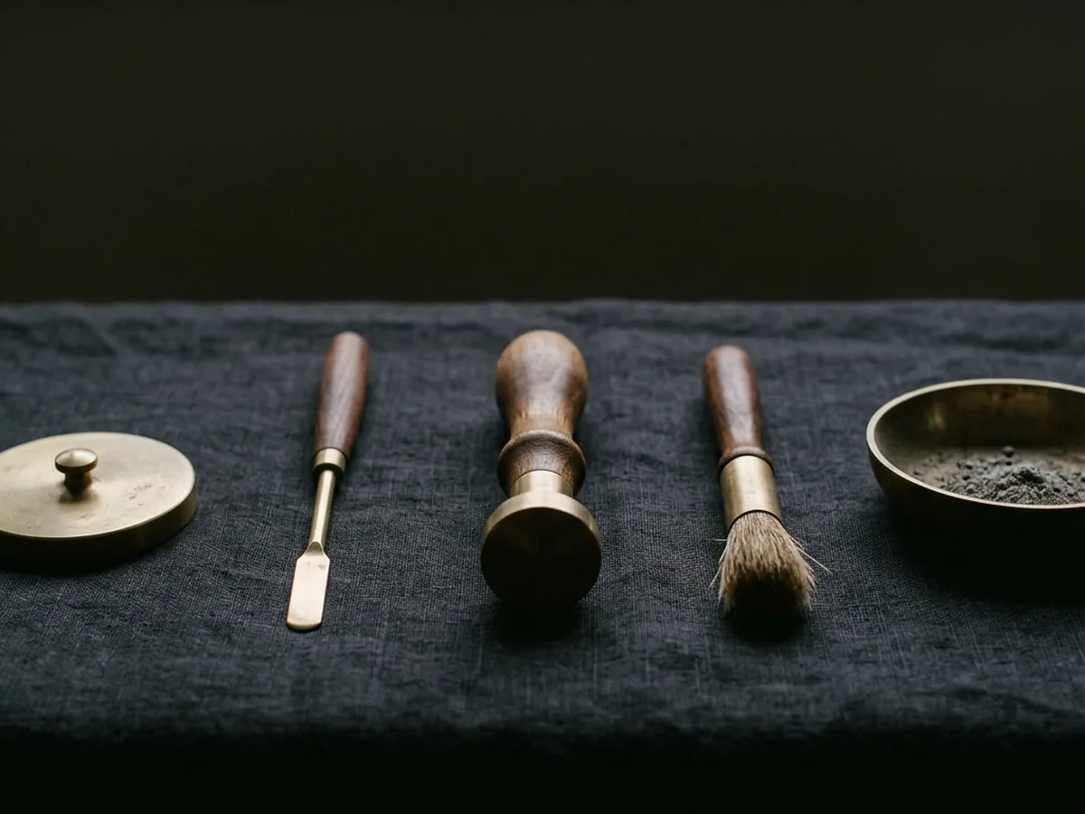 Five seal incense tools laid out in a row on dark cloth — a brass press disc, a screed, a tamper, a soft brush and a shallow ash bowl