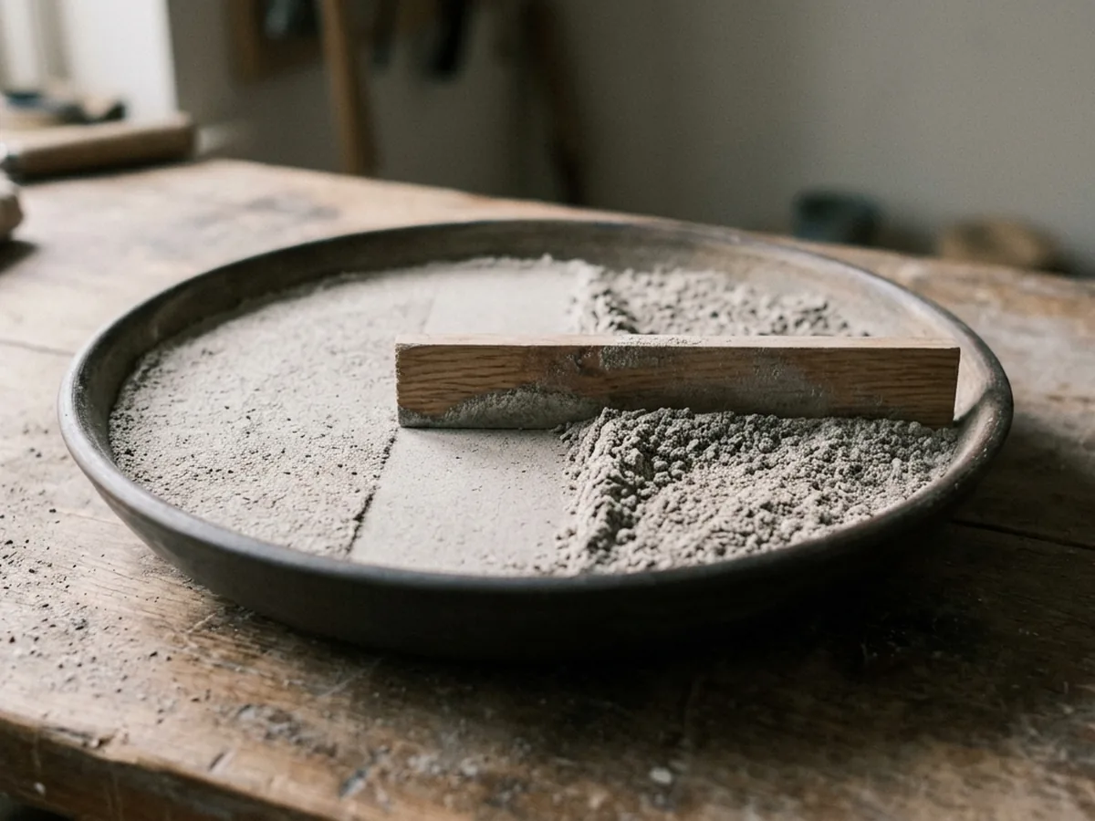Fine ash drawn level across a shallow bowl with a flat screed, the surface half smoothed and half still loose