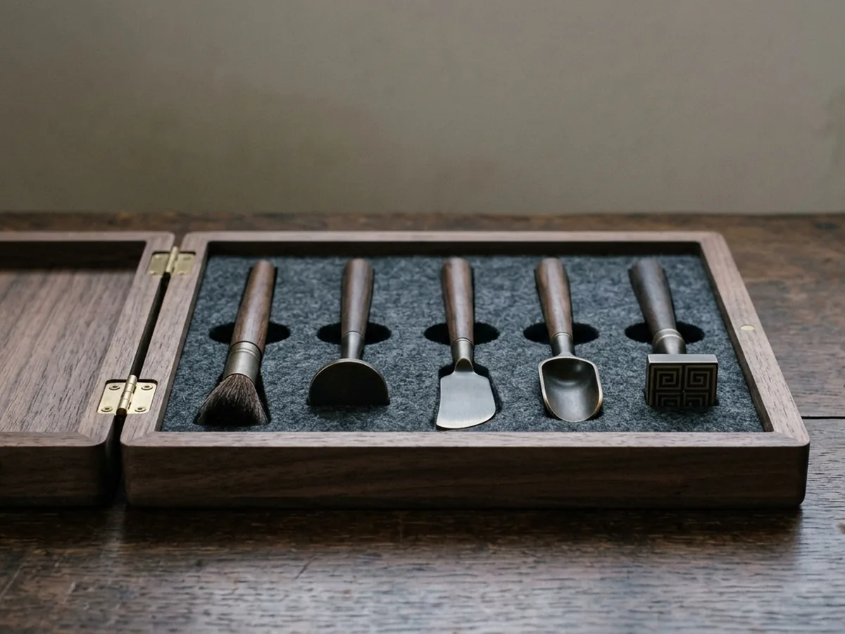 A fitted wooden case lying open, five seal incense tools each seated in its own shaped recess