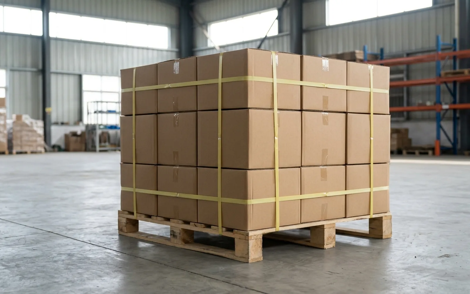Sealed export cartons palletised and strapped ready for freight