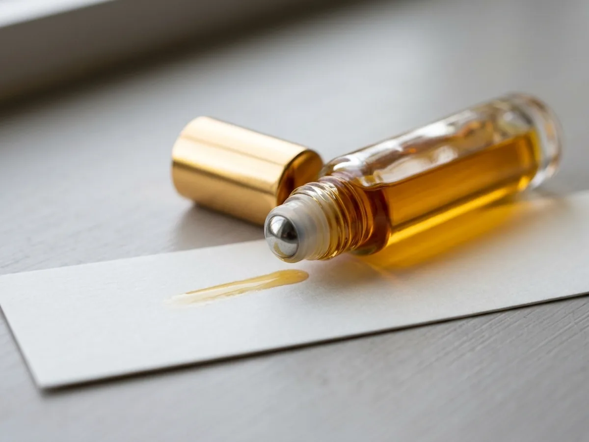 An amber roll-on bottle tipped on its side against a white blotter strip, a short glistening track of oil where the steel ball has run