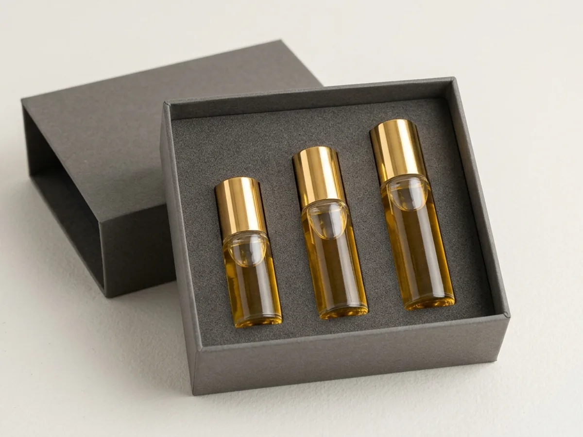 A rigid sleeve box lying open with a foam cradle holding three unlabelled amber roll-on bottles of ascending size