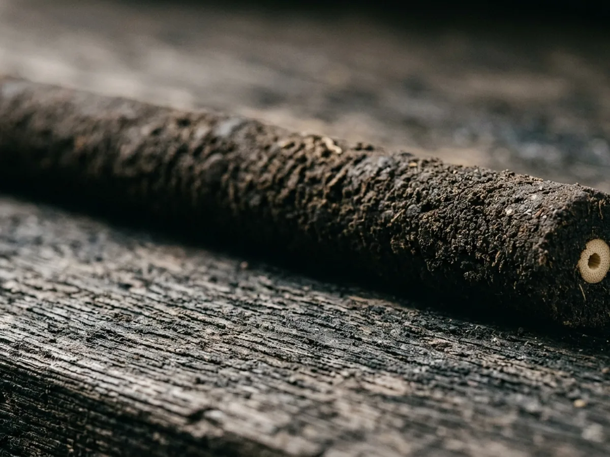 Macro of the middle of a temple long-burn stick — thick dark coating built up around a pale bamboo core visible at the cut end