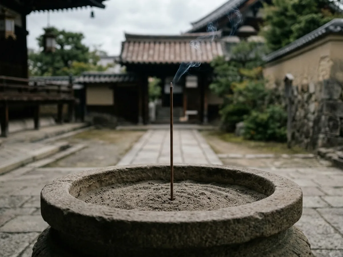 One very long temple incense stick standing in a large sand-filled stone censer in a temple courtyard, thin smoke rising
