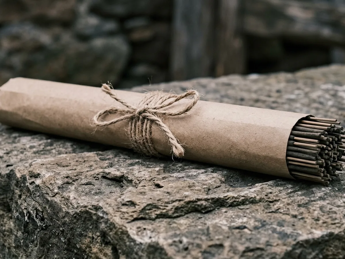A long bundle of temple incense sticks wrapped in plain brown paper and tied with coarse twine, lying on weathered stone