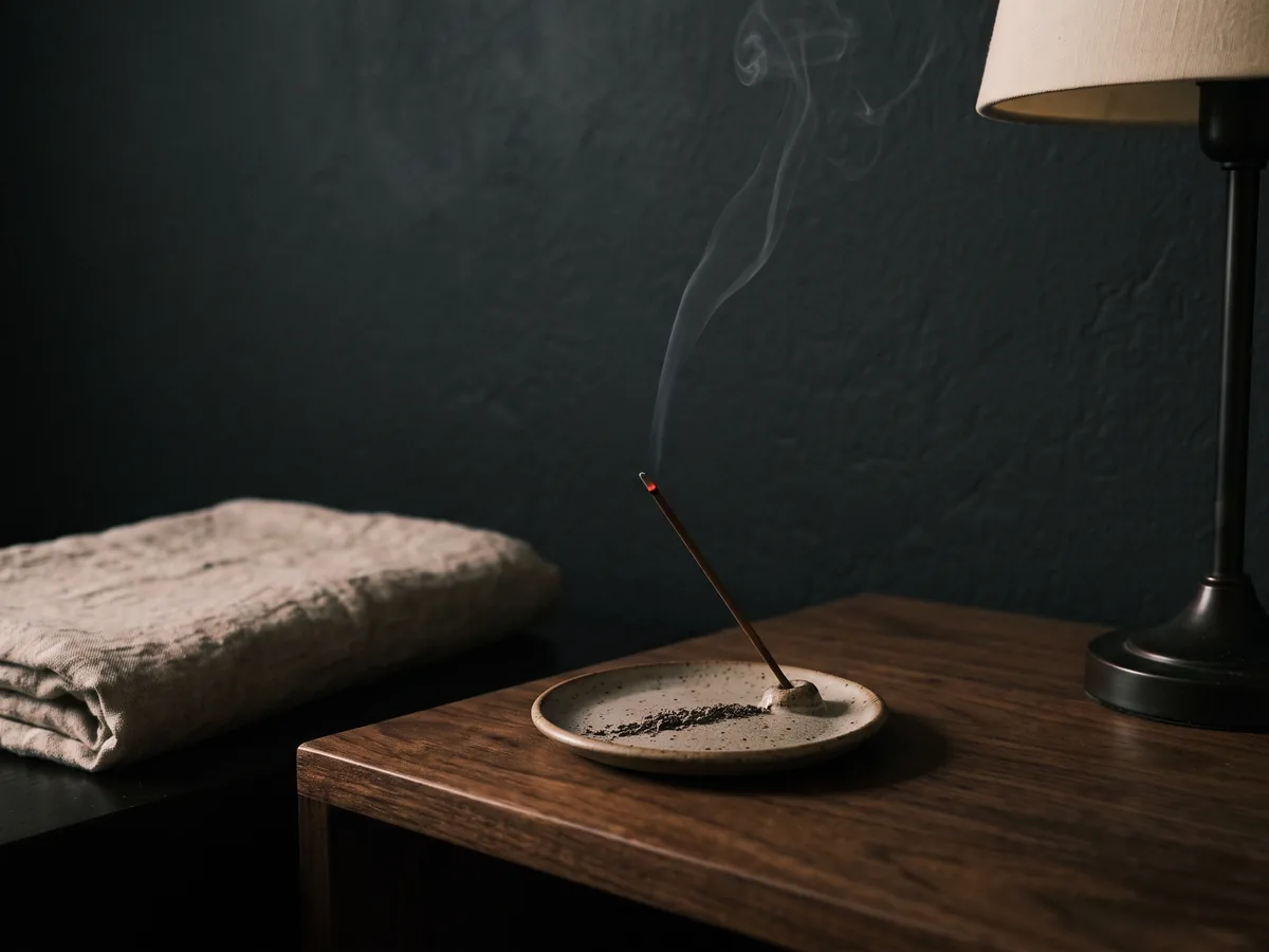 A single incense stick burning on a plate holder on a bedside table in the evening