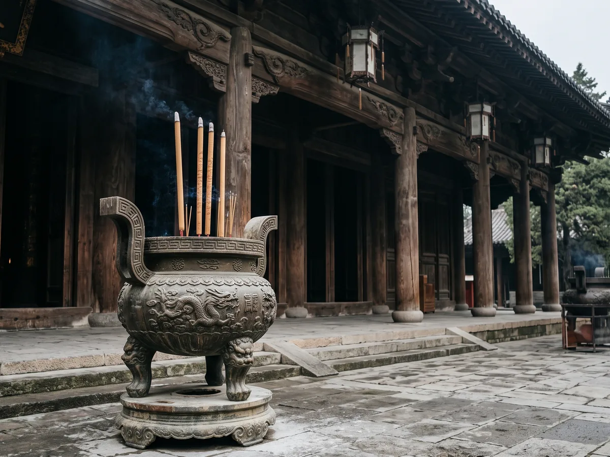 Long temple incense sticks burning in a large open censer outside a hall