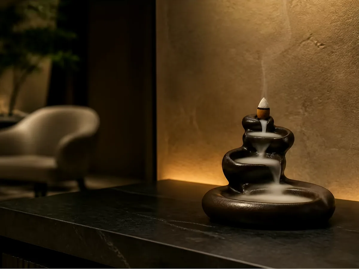 A backflow burner running on a dark console table in a warmly lit lounge, armchair behind