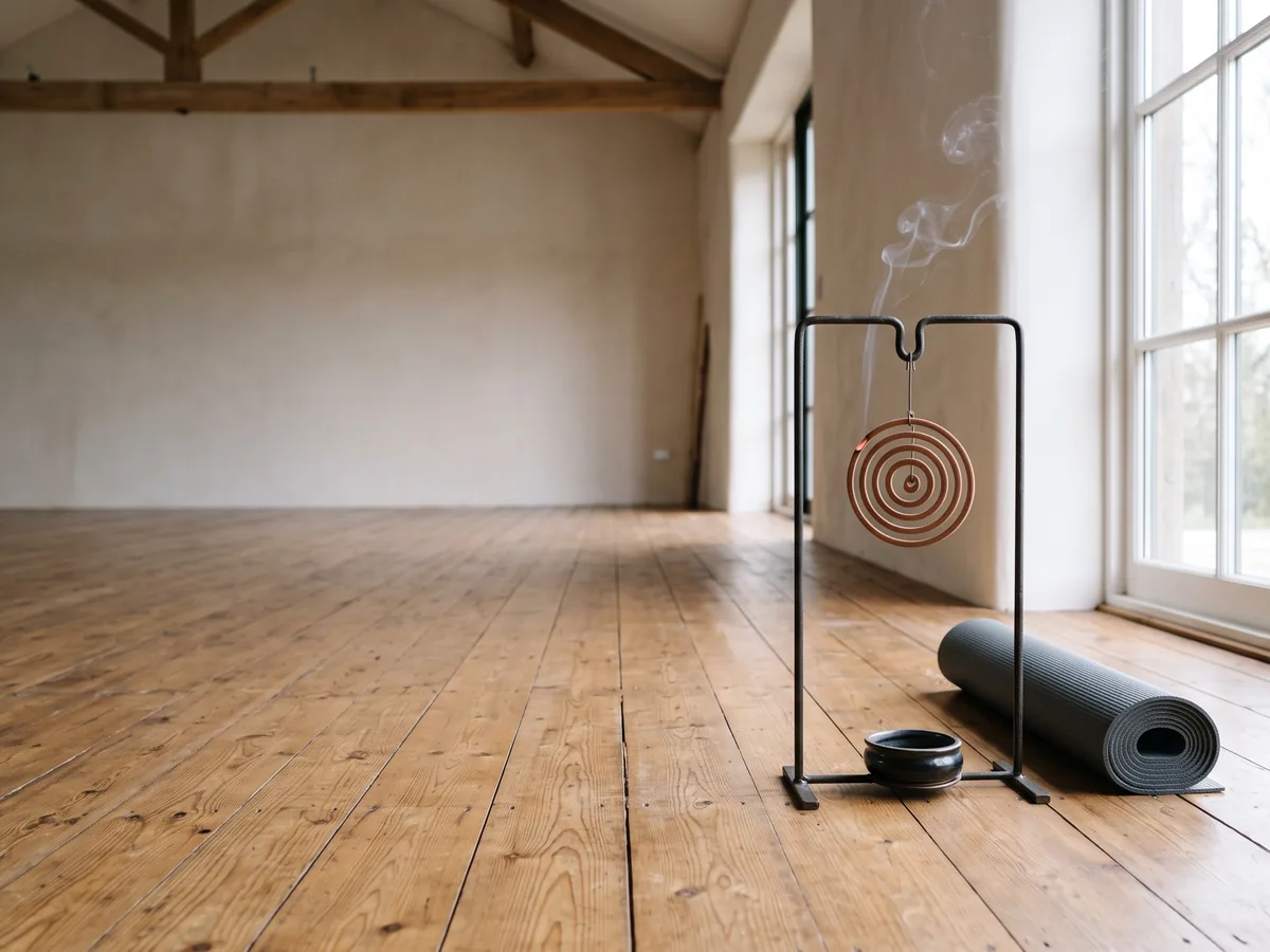 An incense coil burning on a stand at the edge of a studio floor during a class