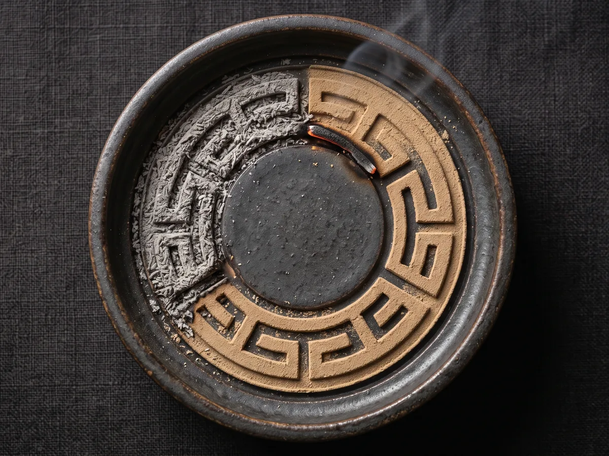 A seal incense pattern burning along its path in a censer during a sitting