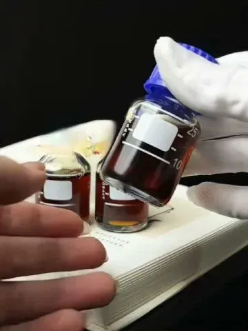 An oil sample in a graduated flask — how to identify agarwood starts with material in this state